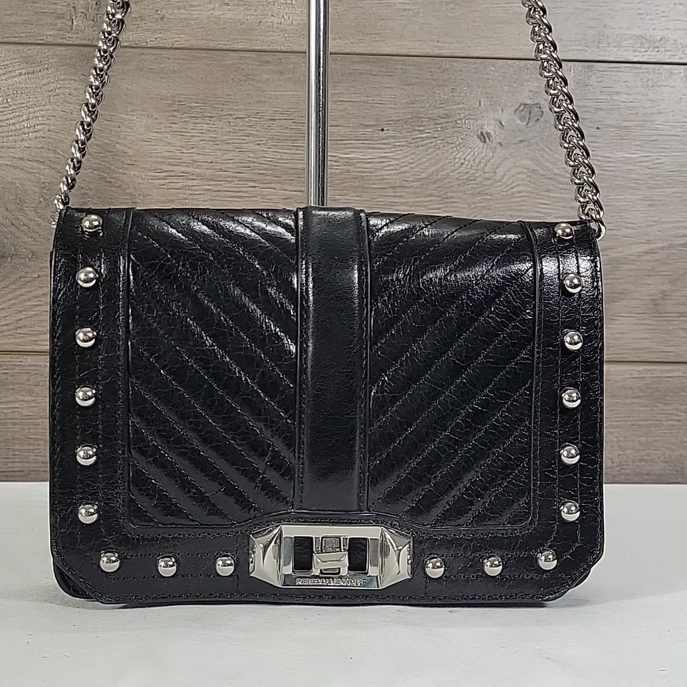 Rebecca Minkoff Black Quilted Studded Leather Crossbody Shoulder Bag